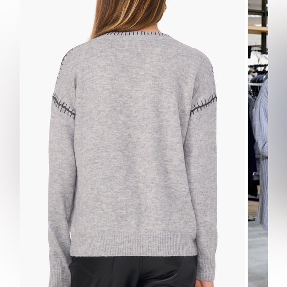 CeCe NWT V-Neck Gray /Blk Whipstitch Vneck Long Sleeve Pullover Sweater Medium - Picture 3 of 13